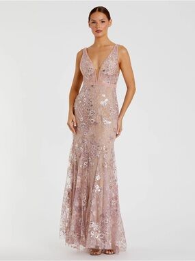 Mac Duggal 67481 Pink Floral Embellished Sleeveless Plunge Neck Gown Size 12 NWT